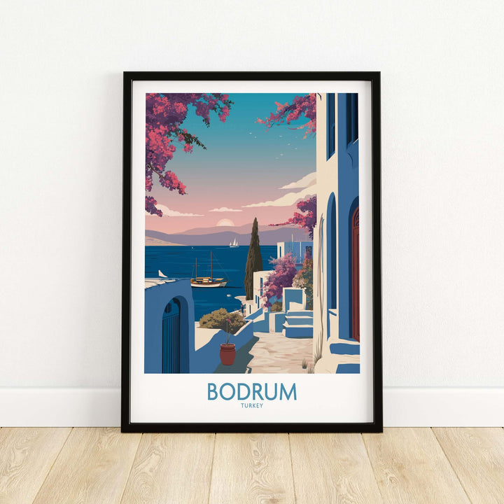 Bodrum poster featuring vibrant Mediterranean scene with iconic white buildings and azure waters.