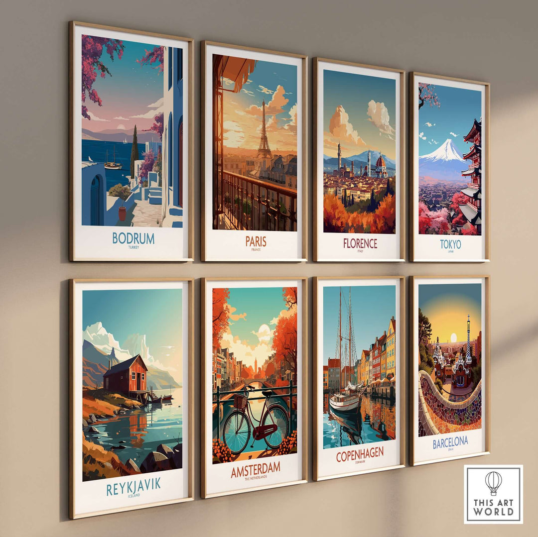 Bodrum, Paris, Florence, Tokyo, Reykjavik, Amsterdam, Copenhagen, and Barcelona art prints on a wall.
