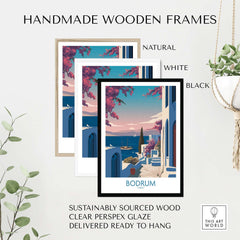 Bodrum Poster Turkey Harbor Town Print - Mediterranean Coastal Decor in handmade wooden frames.