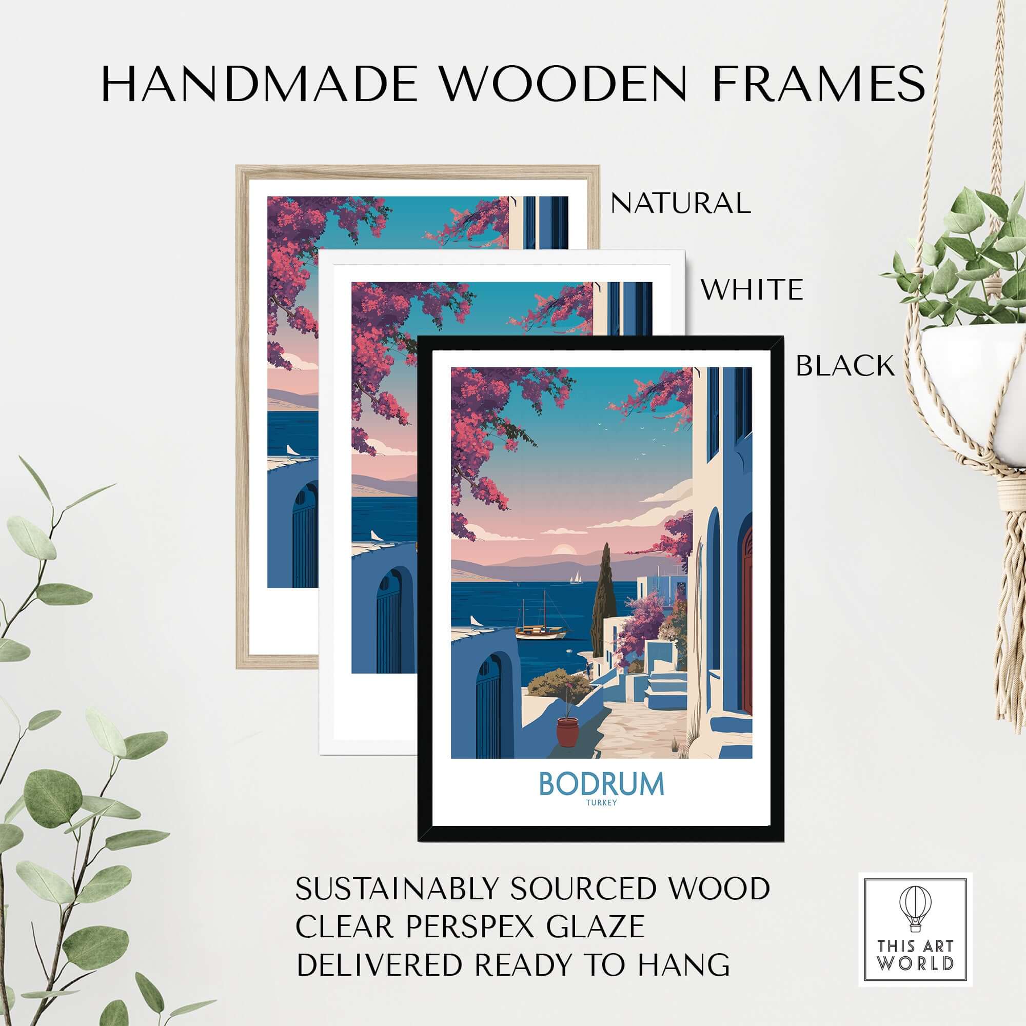 Bodrum Poster Turkey Harbor Town Print - Mediterranean Coastal Decor in handmade wooden frames.