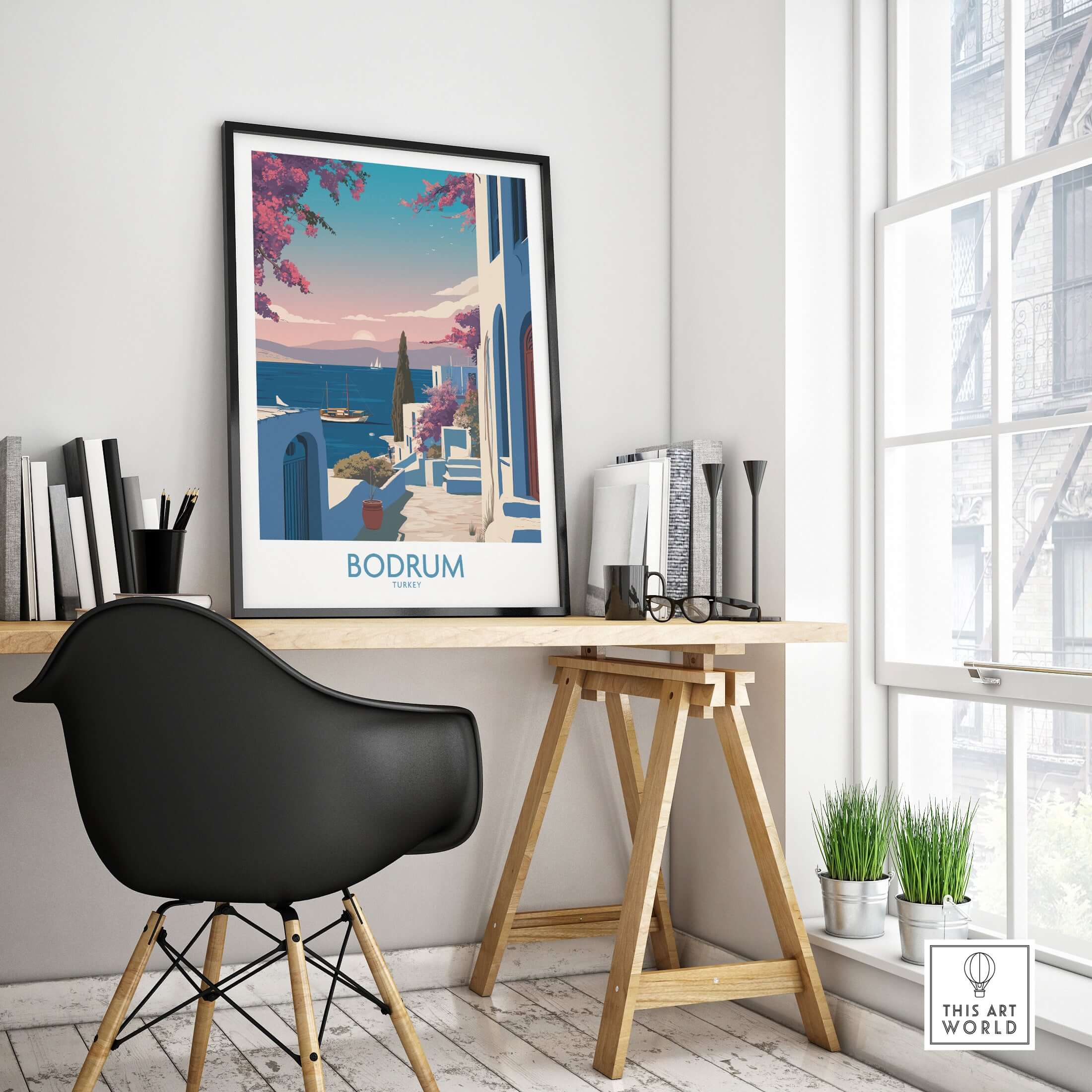 Bodrum Poster Turkey Harbor Town Print - Mediterranean Coastal Decor displayed in a stylish home office setting.