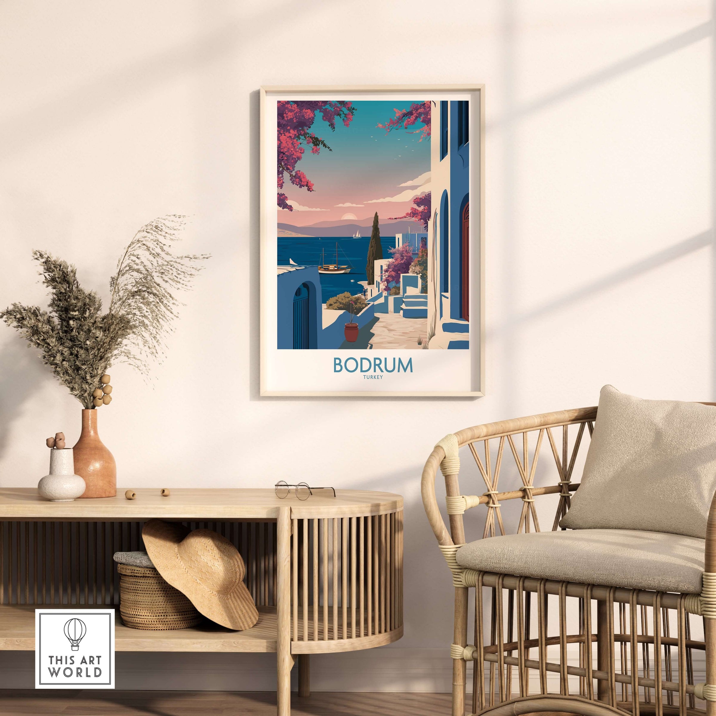 Bodrum Poster Turkey Harbor Town Print - Mediterranean Coastal Decor in a stylish interior setting.