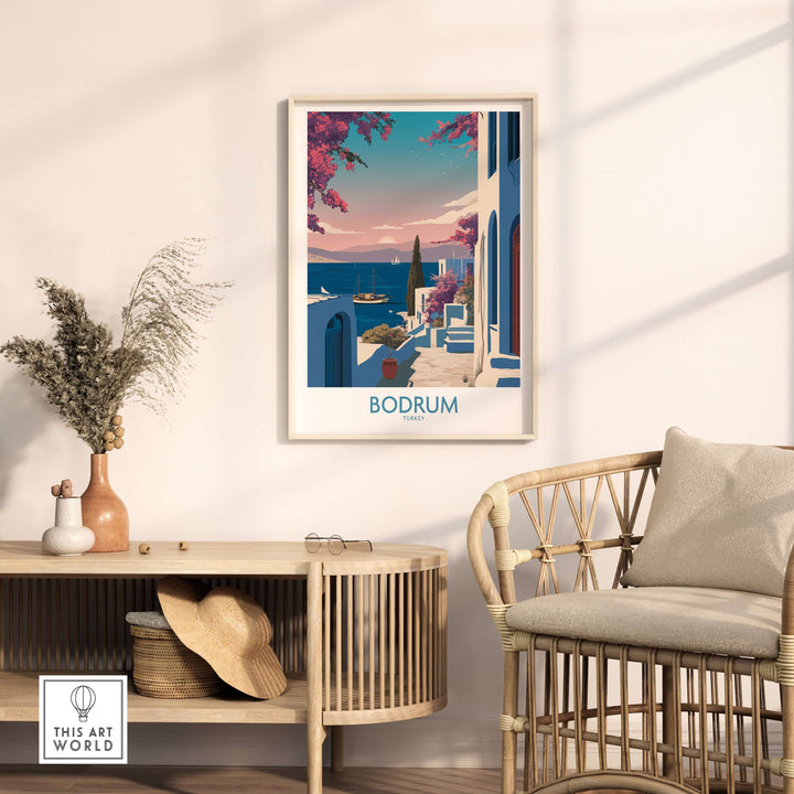Bodrum Harbor Town poster showcasing Mediterranean decor with white buildings and azure waters.