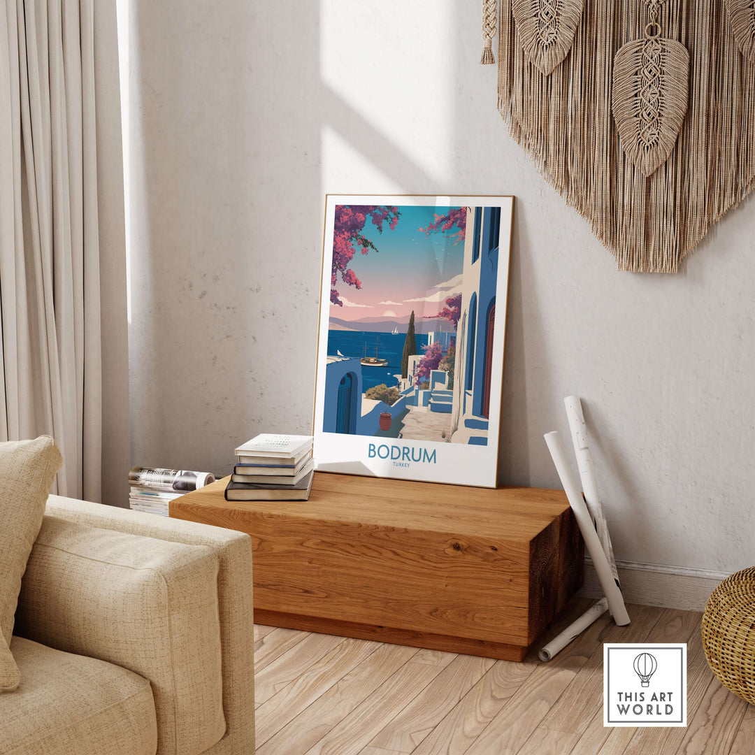 Bodrum Harbor Town poster showcasing Mediterranean coastal decor with white buildings and azure waters.