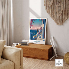 Bodrum Poster Turkey Harbor Town Print - Mediterranean Coastal Decor displayed in a stylish living room setting.