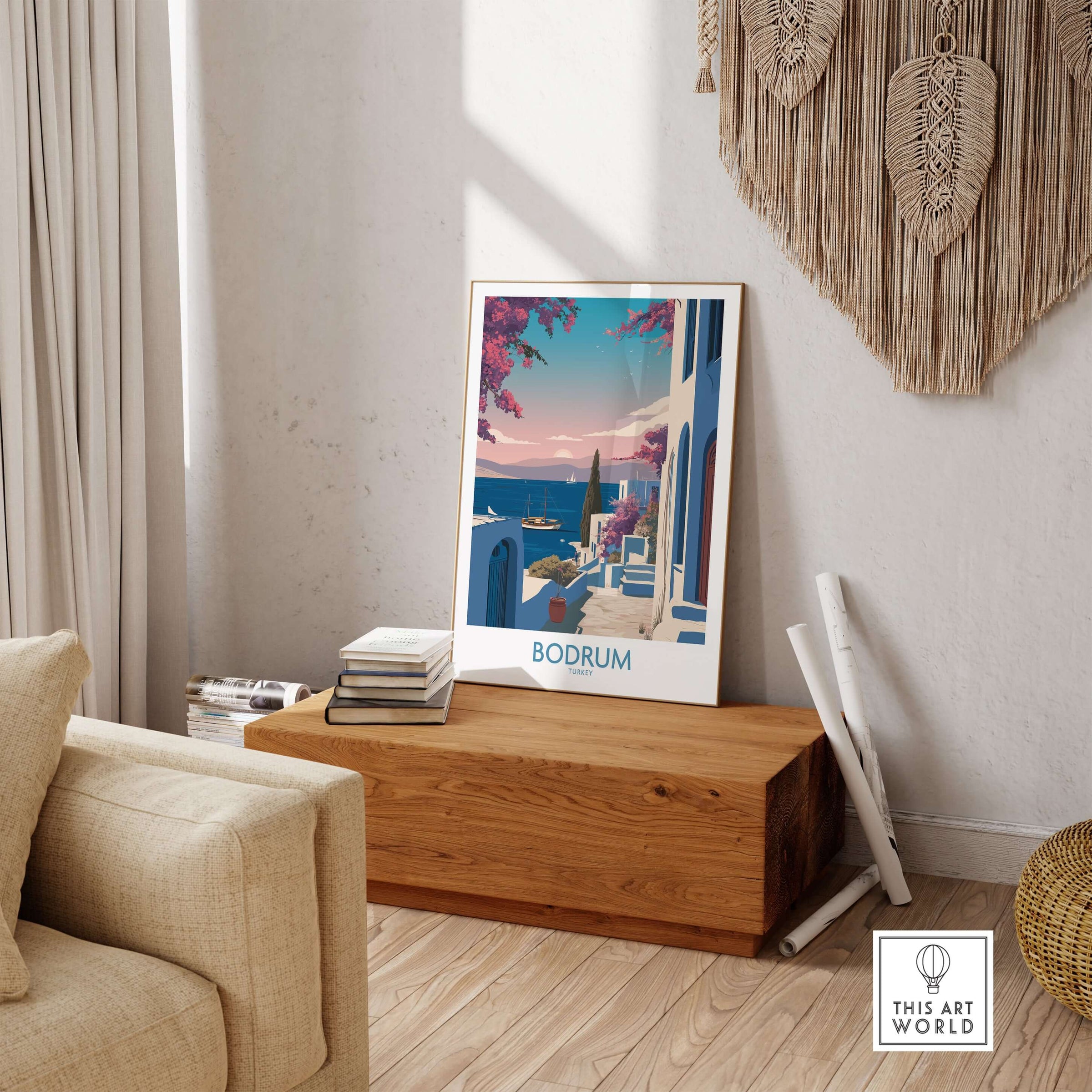Bodrum Poster Turkey Harbor Town Print - Mediterranean Coastal Decor displayed in a stylish living room setting.