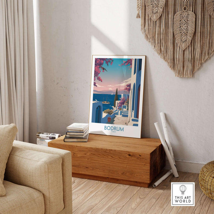 Bodrum Harbor Town poster showcasing Mediterranean coastal decor with white buildings and azure waters.
