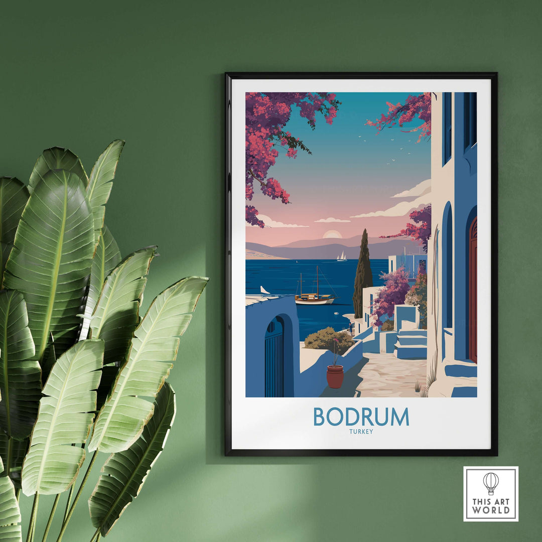 Bodrum Turkey Harbor Town Poster showcasing vibrant blue waters and iconic white buildings, perfect for coastal decor.