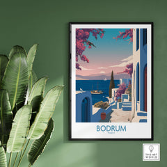 Bodrum Poster Turkey Harbor Town Print - Mediterranean Coastal Decor showcasing iconic architecture and coastal beauty.