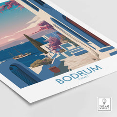 Bodrum Poster Turkey Harbor Town Print - Mediterranean Coastal Decor showcasing vibrant colors and coastal scenery.