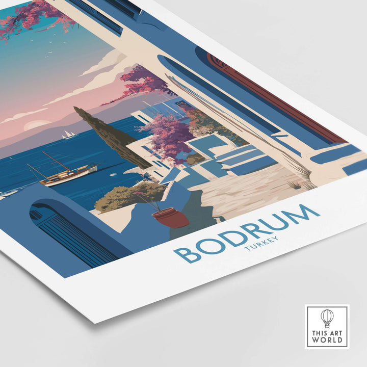 Bodrum Harbor Town poster featuring white buildings and blue sea, perfect Mediterranean coastal decor.