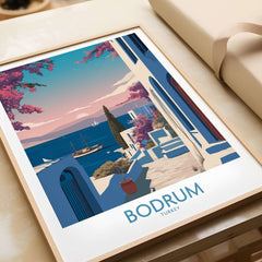 Bodrum Poster Turkey Harbor Town Print - Mediterranean Coastal Decor showcasing colorful artwork and serene coastal views.