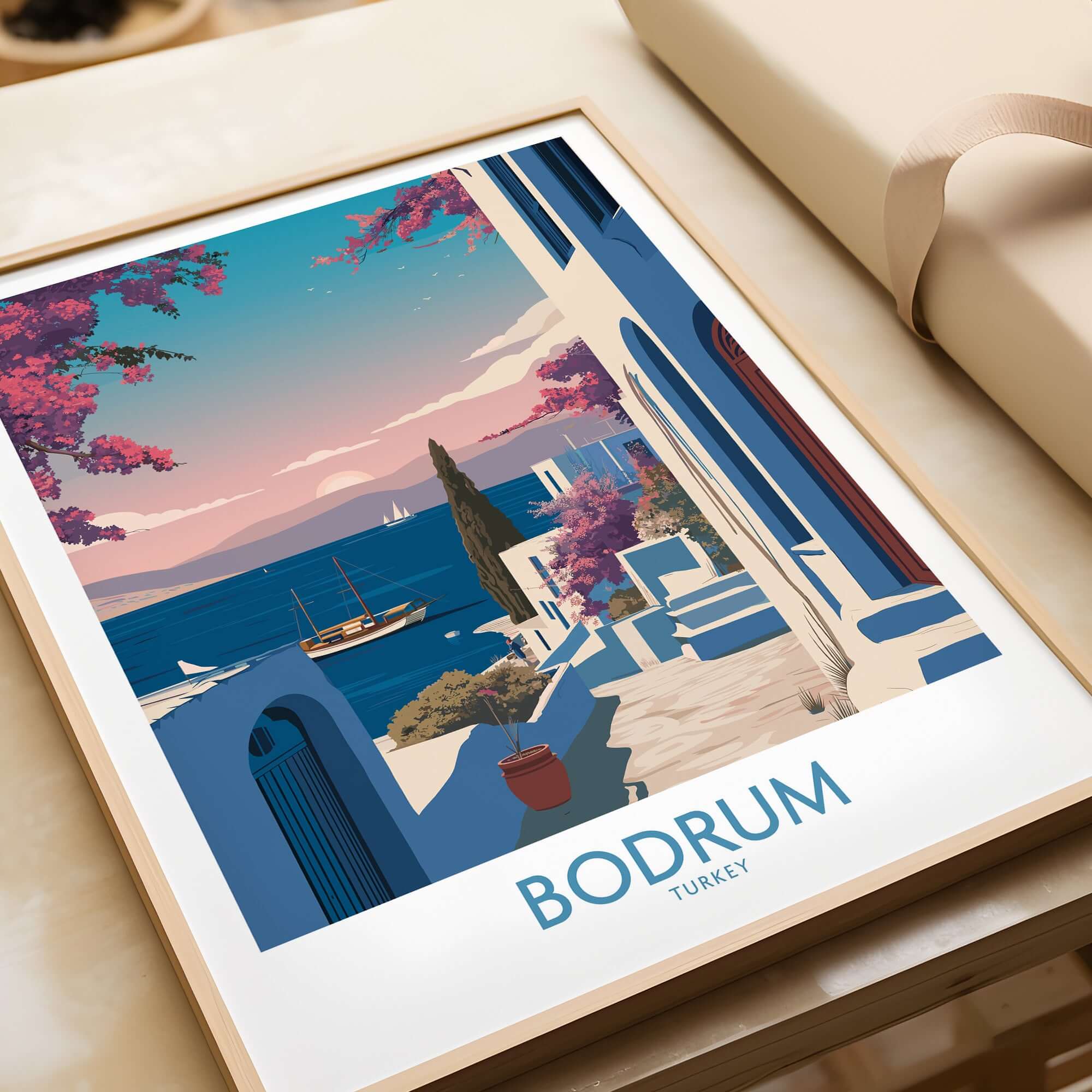 Bodrum Poster Turkey Harbor Town Print - Mediterranean Coastal Decor showcasing colorful artwork and serene coastal views.