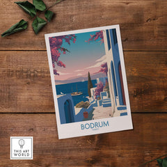 Bodrum Poster Turkey Harbor Town Print - Mediterranean Coastal Decor showcasing stunning coastal scenery and vibrant colors.