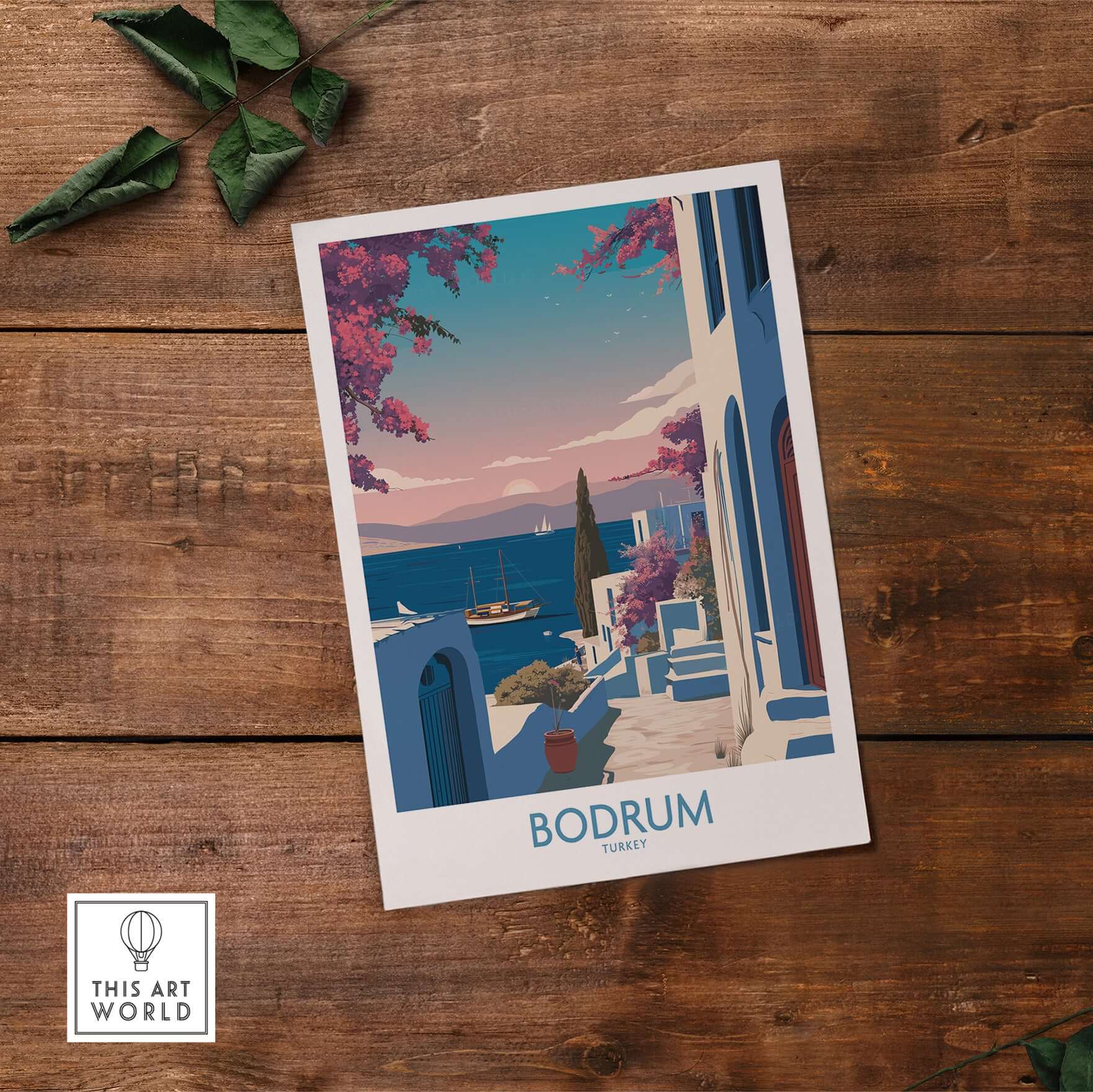 Bodrum Poster Turkey Harbor Town Print - Mediterranean Coastal Decor showcasing stunning coastal scenery and vibrant colors.