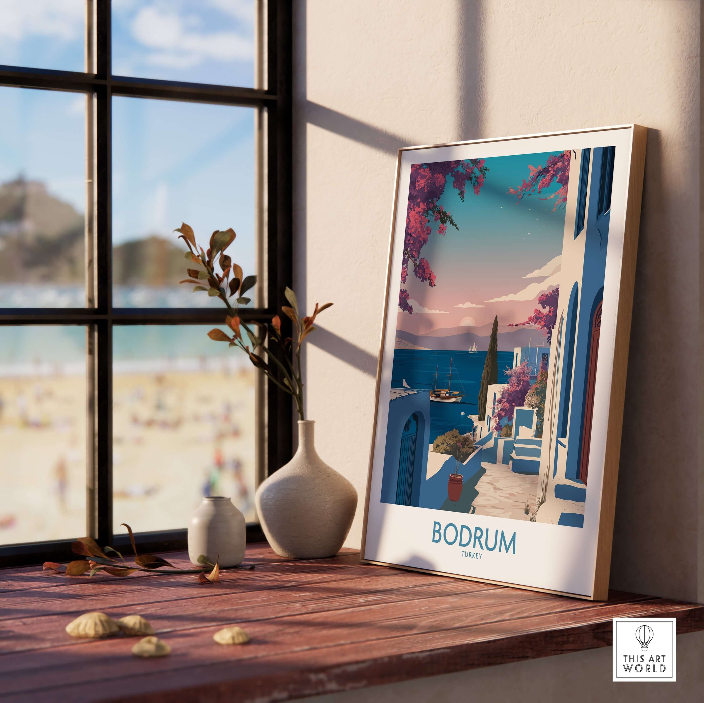 Bodrum Poster Turkey Harbor Town Print - Mediterranean Coastal Decor displayed on a wooden table with a beach view.