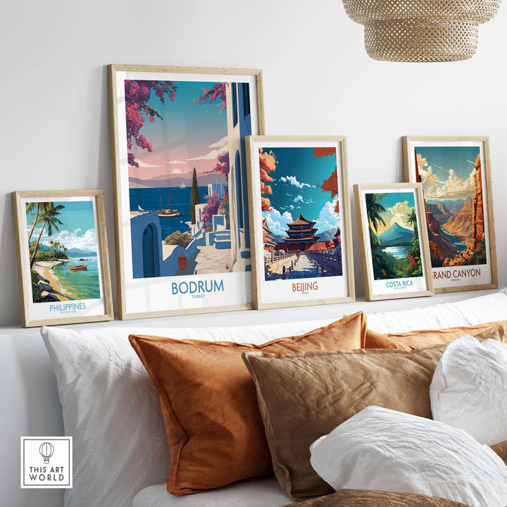 Bodrum poster and travel prints on a shelf, showcasing Mediterranean and global destinations.