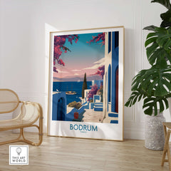 Bodrum Poster Turkey Harbor Town Print - Mediterranean Coastal Decor showcasing vibrant colors and scenic coastal views.