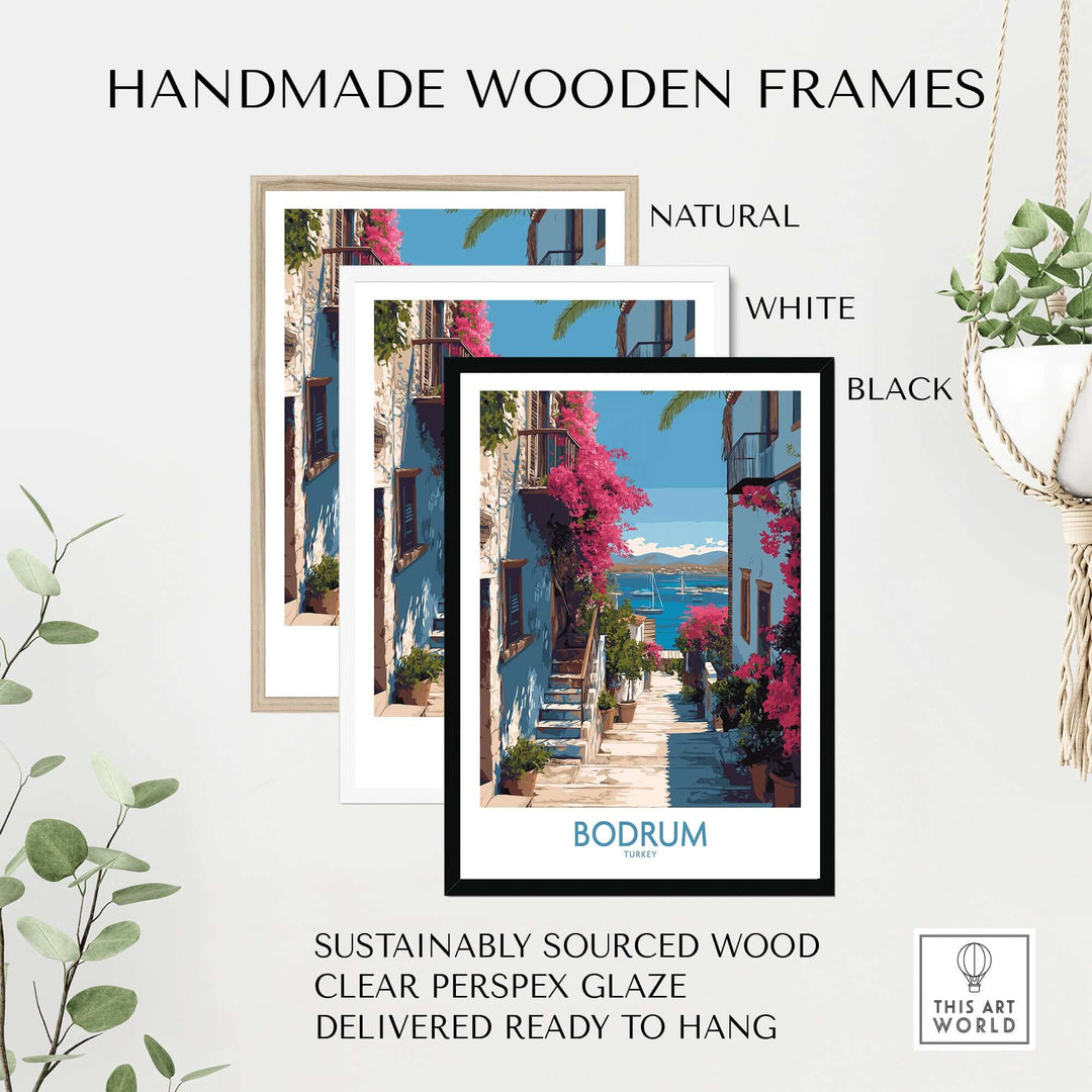 Handmade wooden frames in natural, white, and black for Bodrum Turkey print, featuring clear perspex glaze.