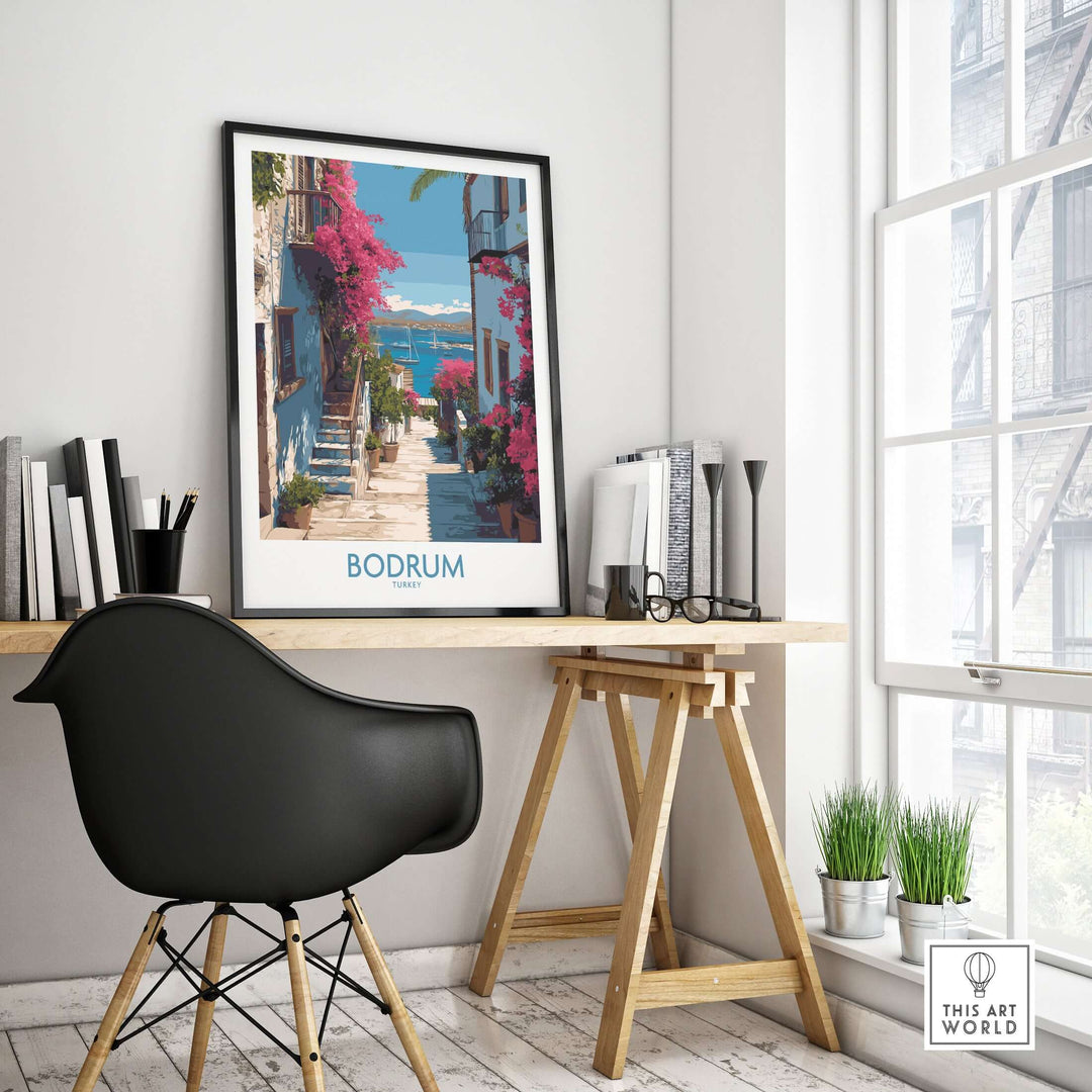 Bodrum Turkey print featuring vibrant flowers and coastal village scenery, perfect for wall decor in a stylish workspace.