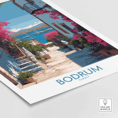 Bodrum Turkey Print - Coastal Village Wall Decor featuring a vibrant pathway with bougainvillea and sea view.