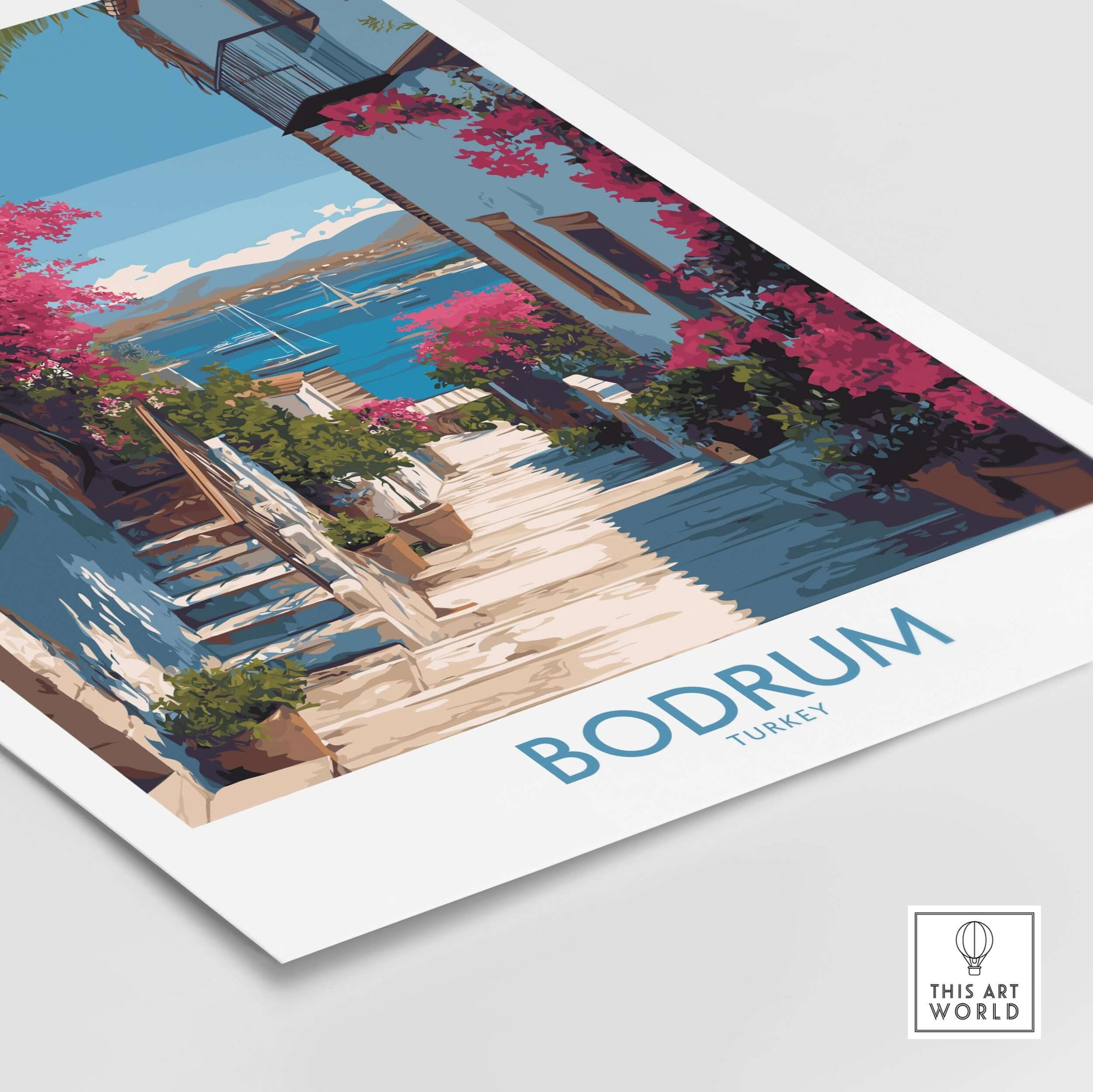 Bodrum Turkey Print - Coastal Village Wall Decor featuring a vibrant pathway with bougainvillea and sea view.