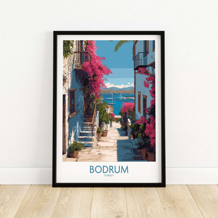 Bodrum Turkey Print featuring coastal village with vibrant flowers and sea view, perfect for wall decor.