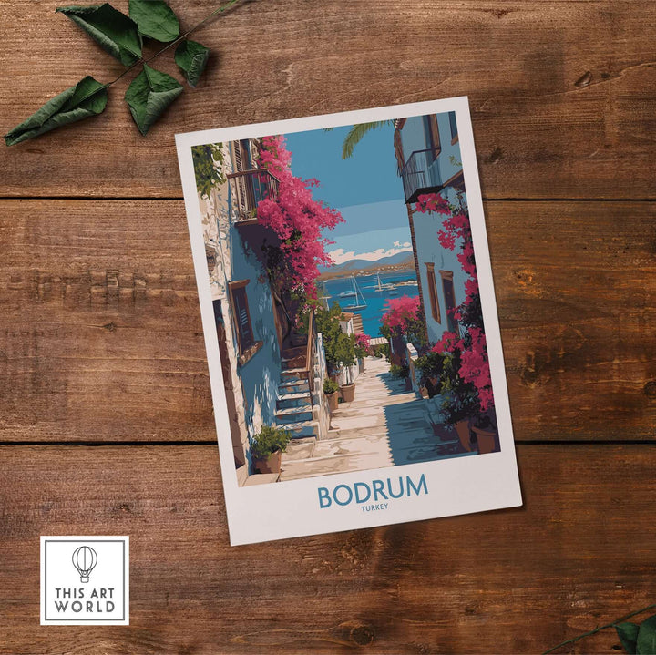 Bodrum Turkey print featuring a coastal village with white buildings and vibrant flowers, perfect wall decor.
