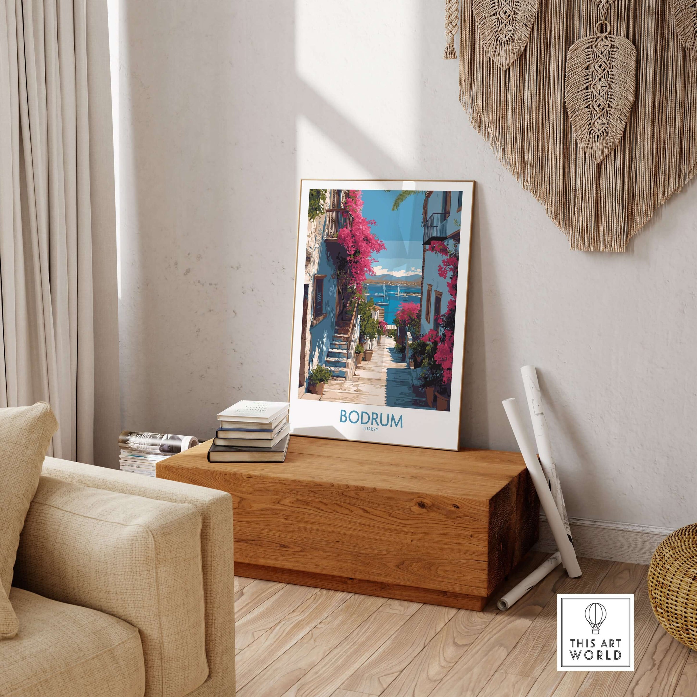 Bodrum Turkey Print - Coastal Village Wall Decor featuring a vibrant street scene with pink flowers and blue waters.