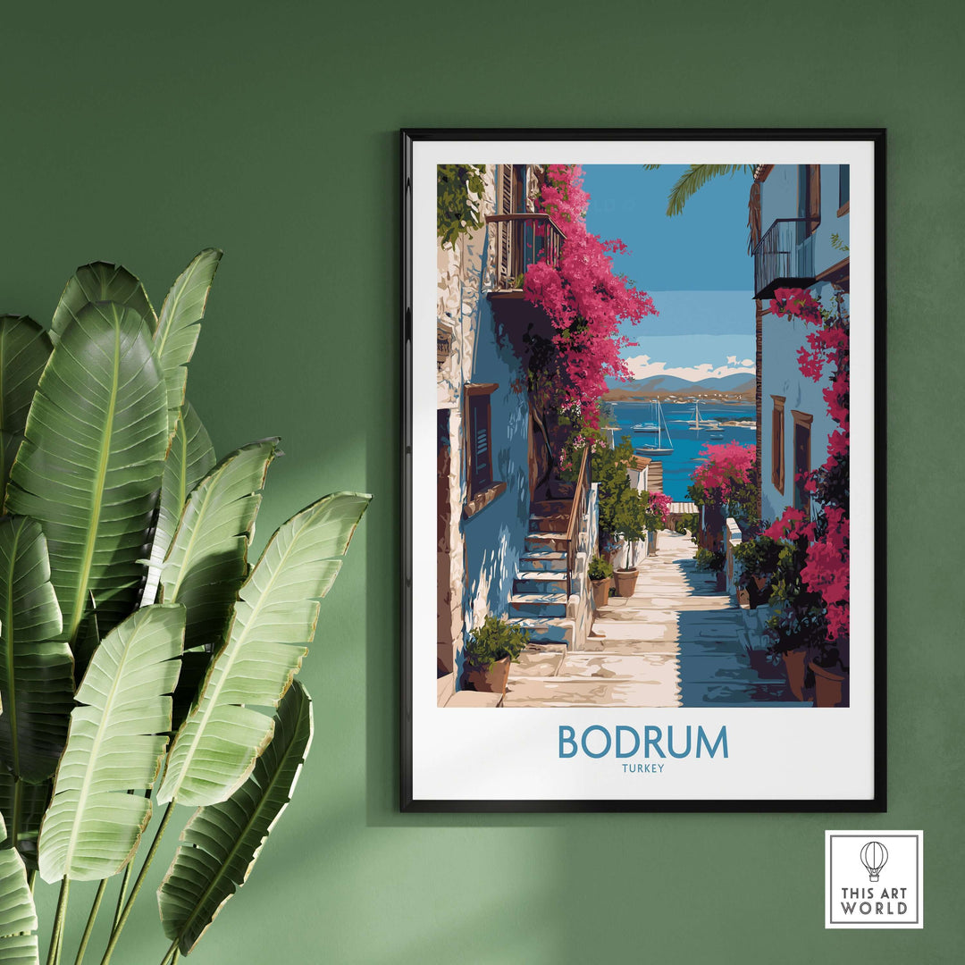 Bodrum Turkey print featuring a coastal village with vibrant flowers and scenic views, ideal wall decor for travel lovers.