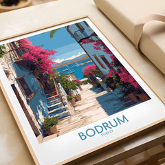 Bodrum Turkey Print - Coastal Village Wall Decor showcasing charming coastal scene with flowers and blue waters.