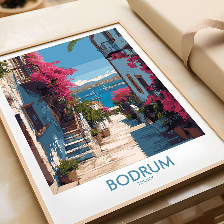 Bodrum Turkey print featuring a coastal village with vibrant flowers and serene sea views, perfect for wall decor.