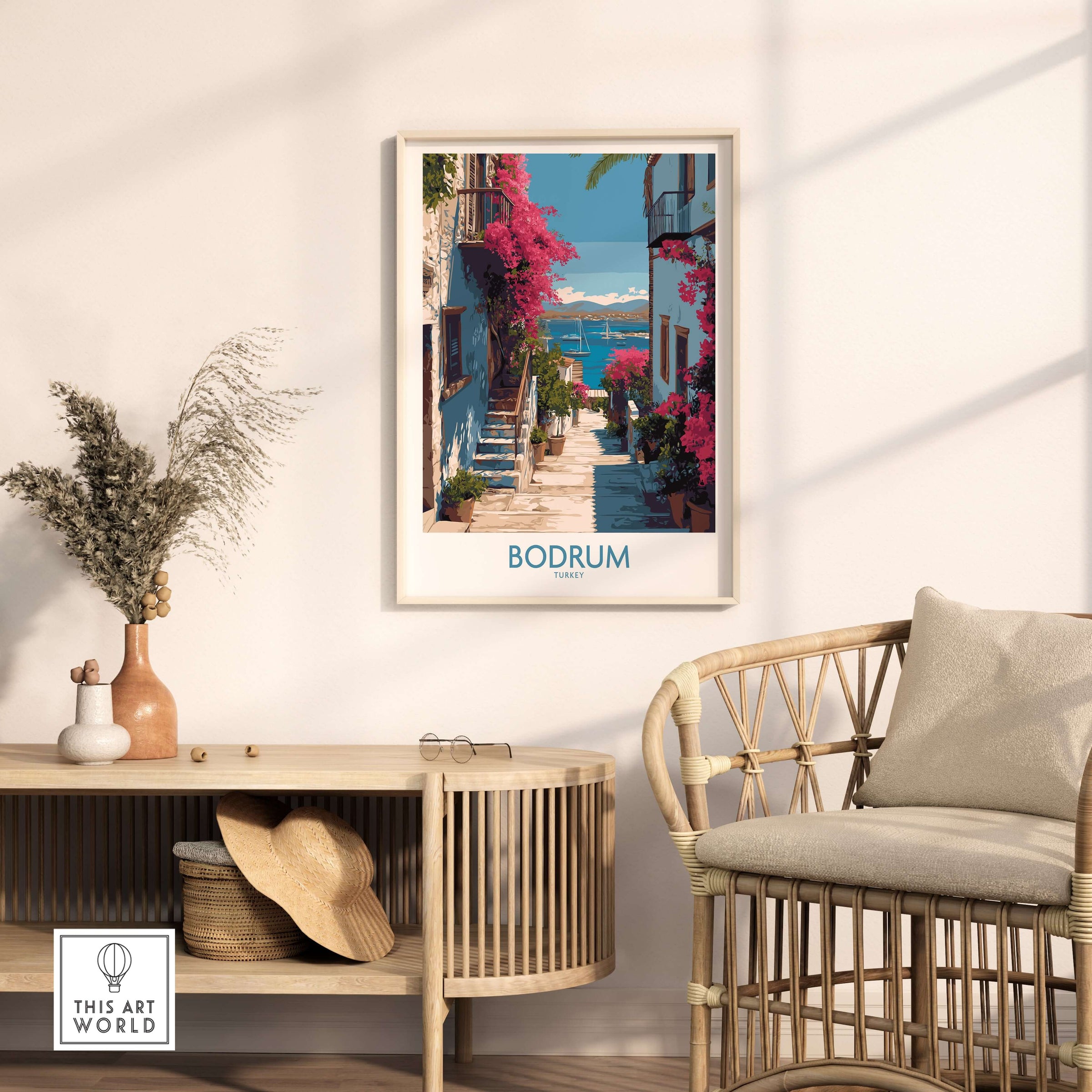 Bodrum Turkey Print - Coastal Village Wall Decor showcasing vibrant flowers and coastal scenery in a stylish living room setting.