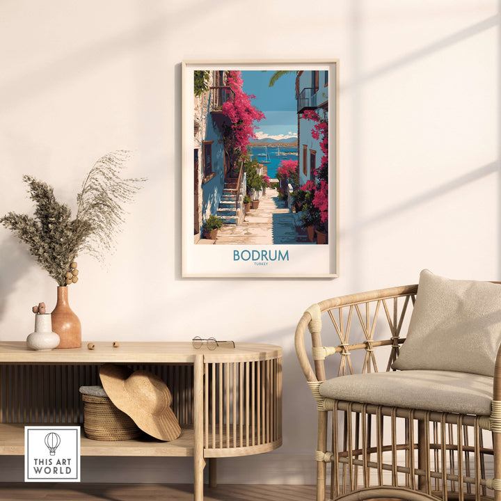 Bodrum Turkey coastal village print in a stylish interior setting with pink flowers and blue waters.