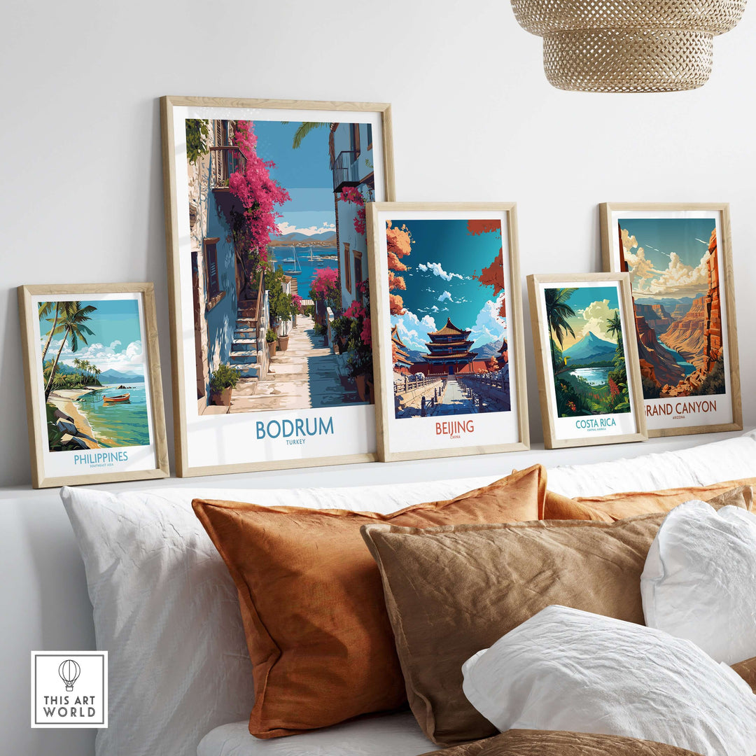 Collection of travel-themed wall art prints including Bodrum Turkey, Beijing, Costa Rica, and Grand Canyon.