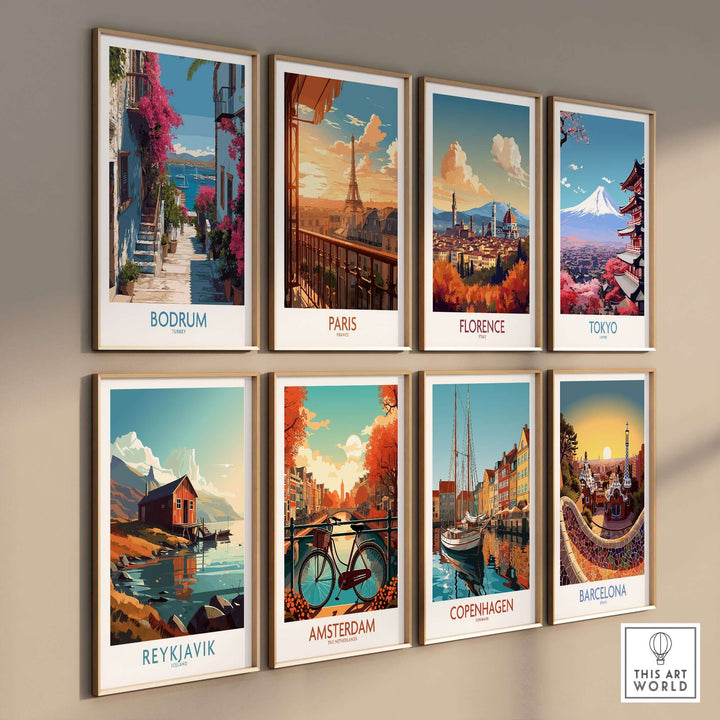 Gallery of city prints featuring Bodrum, Paris, Florence, Tokyo, Reykjavik, Amsterdam, Copenhagen, Barcelona
