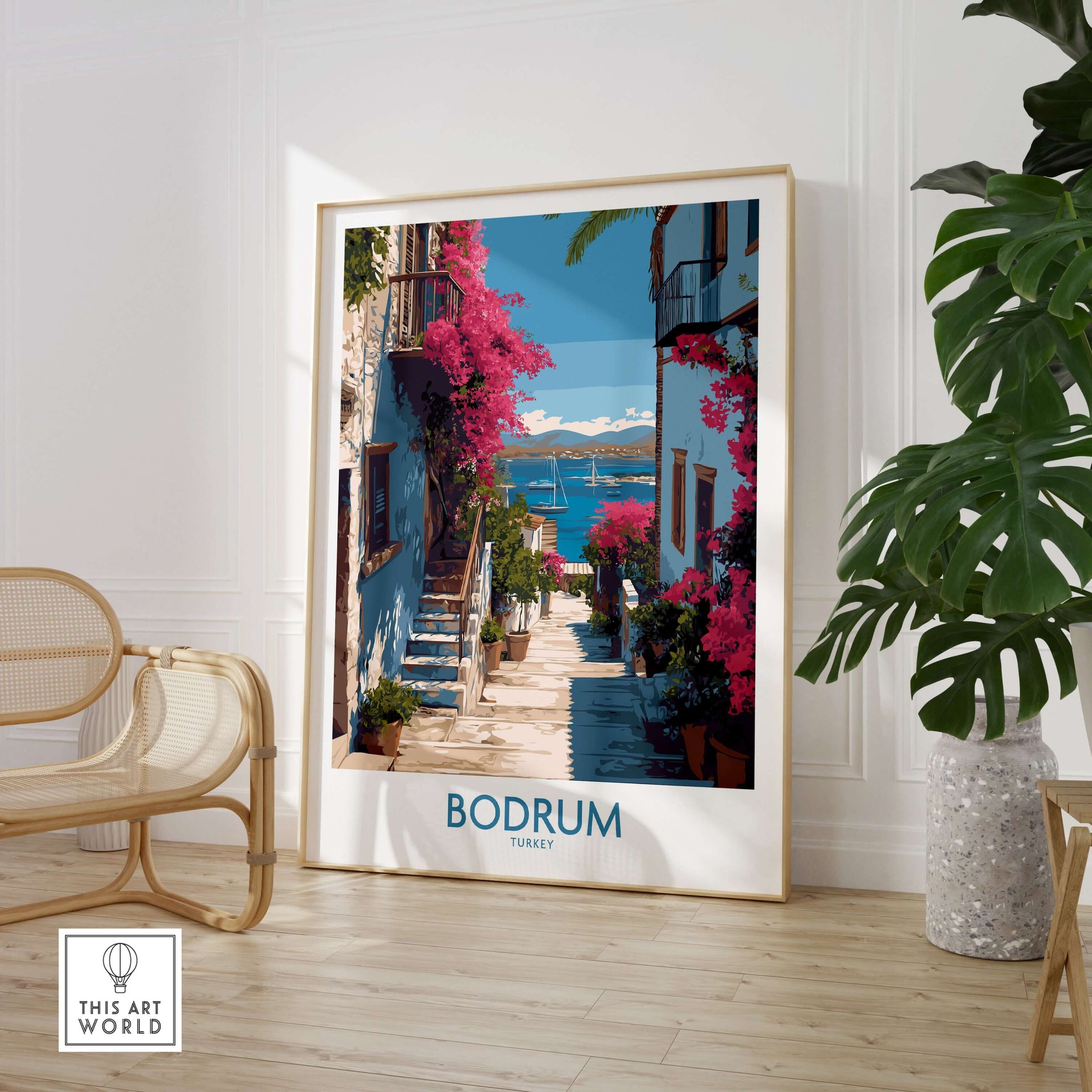 Bodrum Turkey Print - Coastal Village Wall Decor featuring a vibrant street view with flowers and water.
