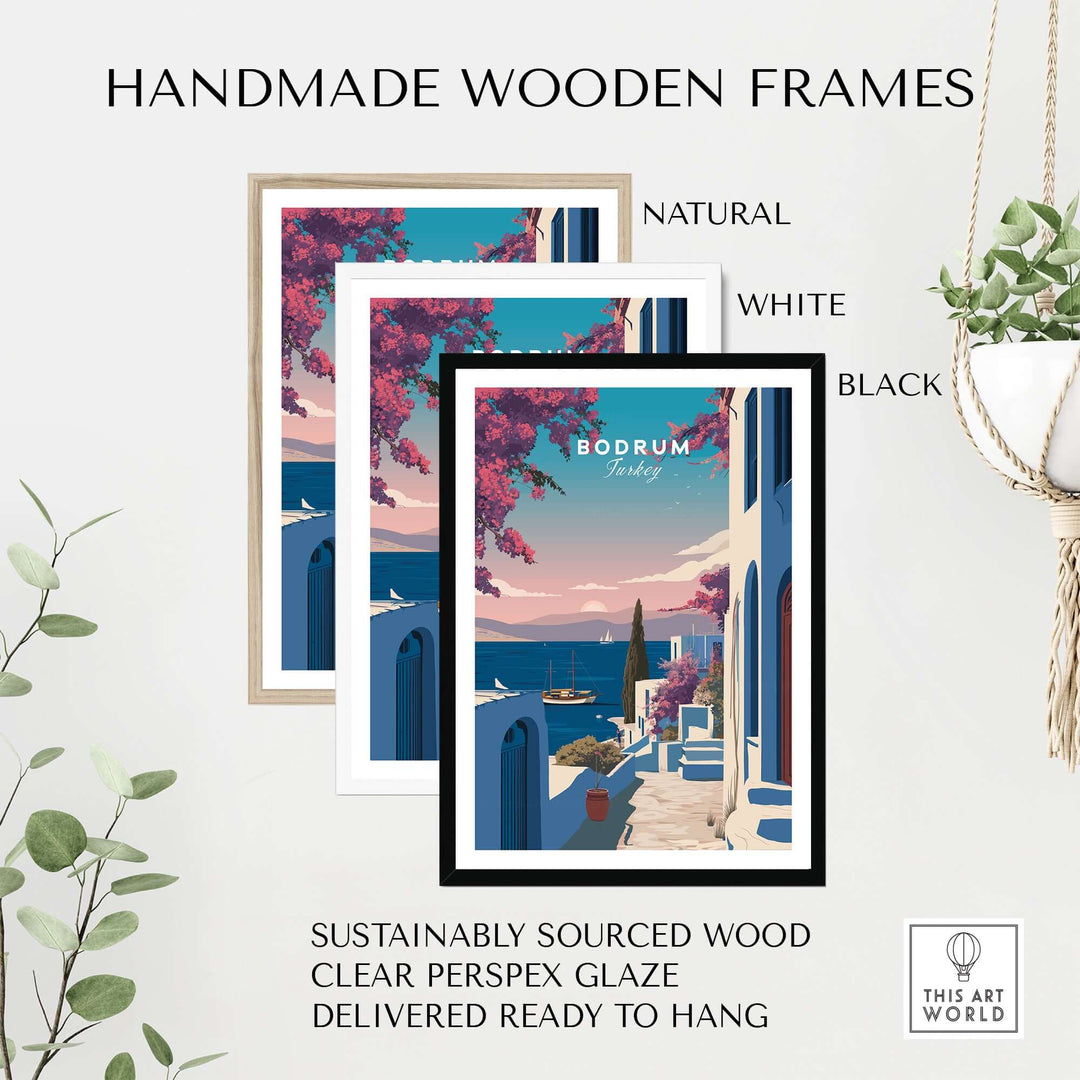Handmade wooden frames in natural, white, and black finishes for Bodrum Turkey Travel Poster, ready to hang.