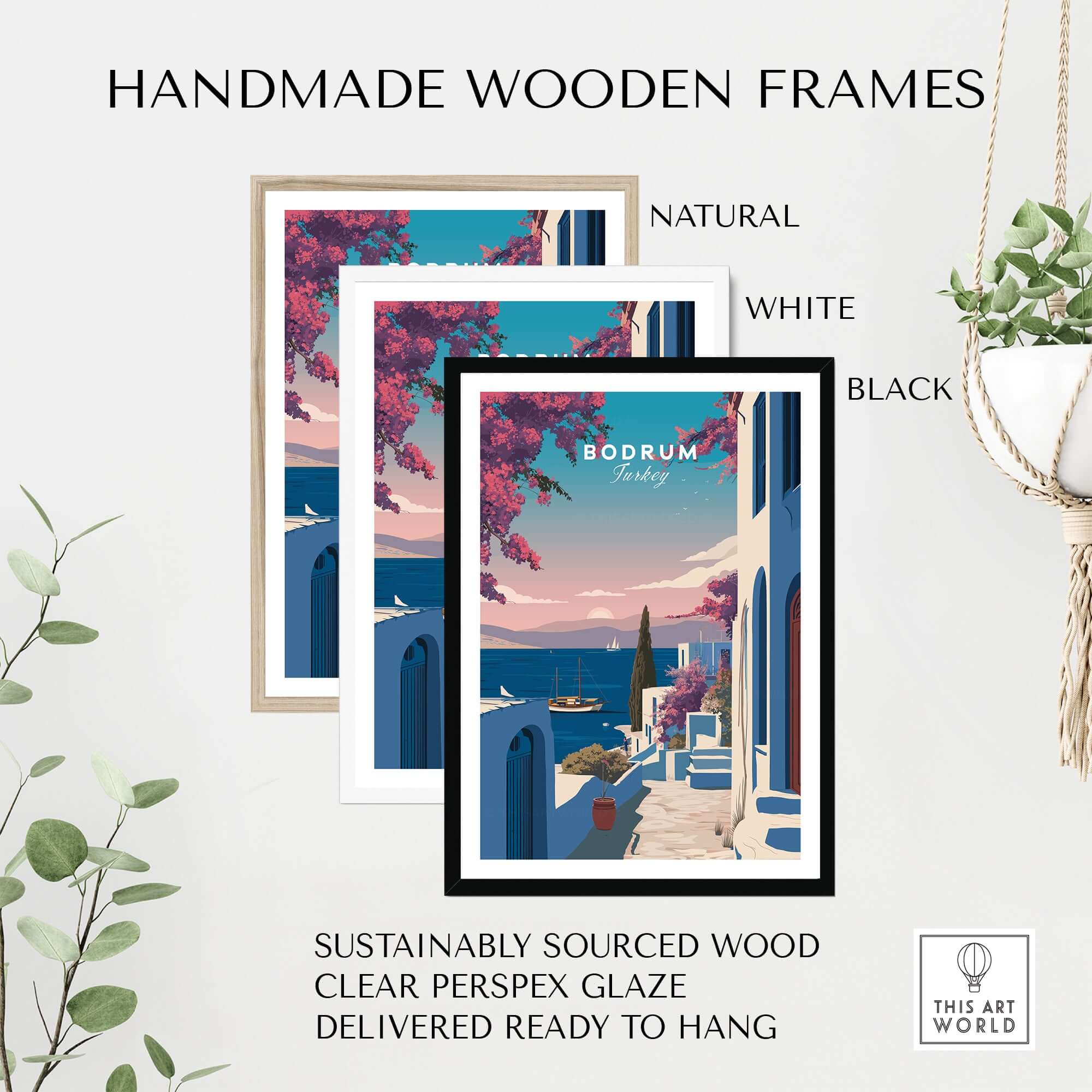 Handmade wooden frames for Bodrum Turkey Travel Poster - Aegean Sea Wall Art in natural, white, and black finishes.