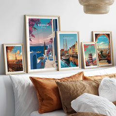Bodrum Turkey Travel Poster - Aegean Sea Wall Art displayed among other travel posters in a cozy living room setting.