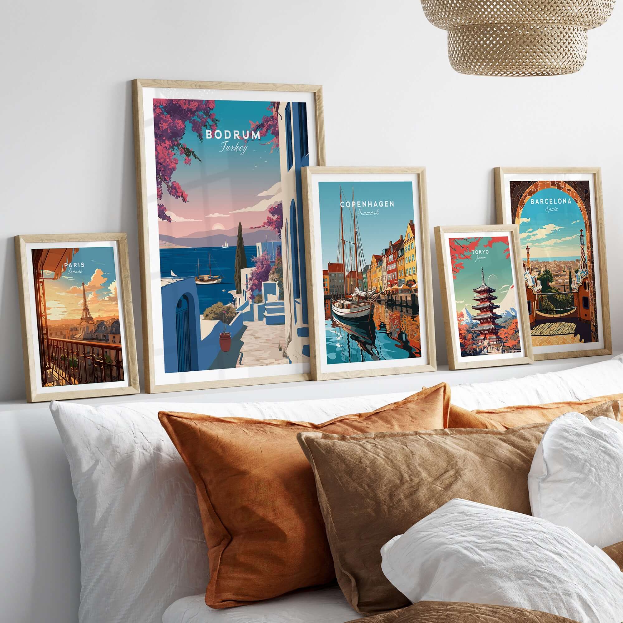 Bodrum Turkey Travel Poster - Aegean Sea Wall Art displayed among other travel posters in a cozy living room setting.