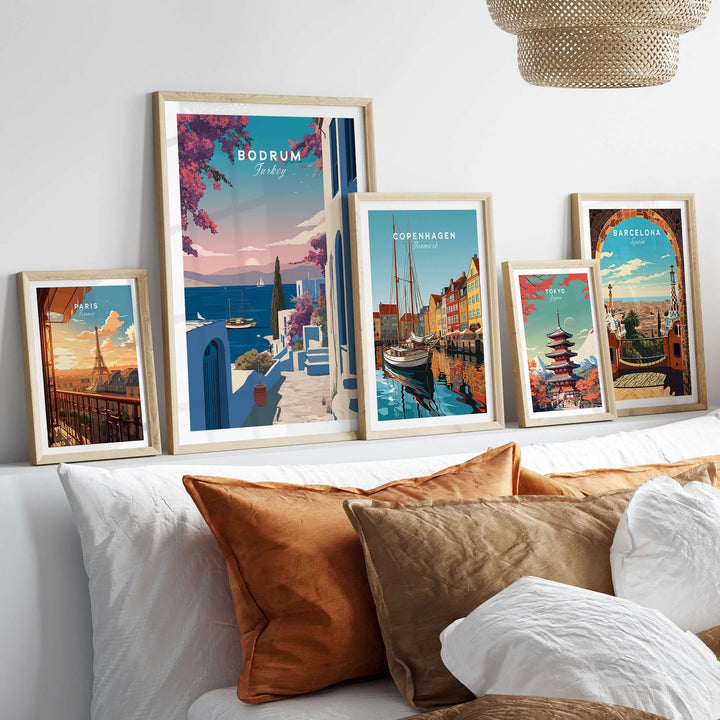 Bodrum Turkey travel poster among framed wall art showcasing Aegean Sea and Mediterranean charm.