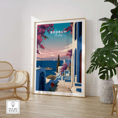 Bodrum Turkey Travel Poster - Aegean Sea Wall Art showcasing a picturesque view of the Aegean Sea in vibrant colors.