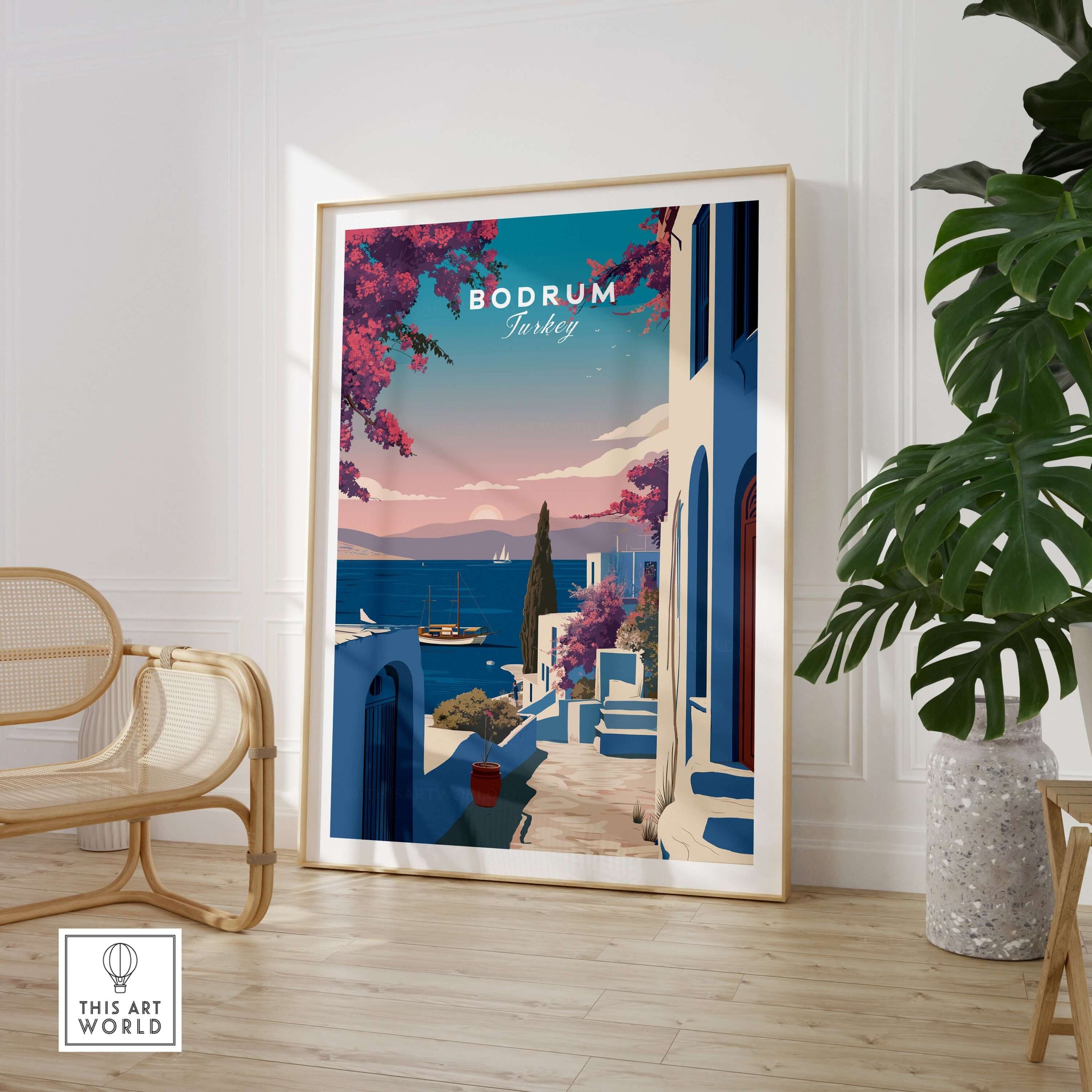 Bodrum Turkey Travel Poster - Aegean Sea Wall Art showcasing a picturesque view of the Aegean Sea in vibrant colors.