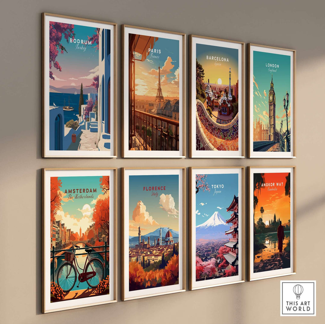 Collection of vibrant travel posters featuring Bodrum, Paris, Barcelona, London, Amsterdam, Florence, Tokyo, and Angkor Wat.