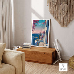 Bodrum Turkey Travel Poster - Aegean Sea Wall Art displayed in a modern living room setting with wooden furniture.