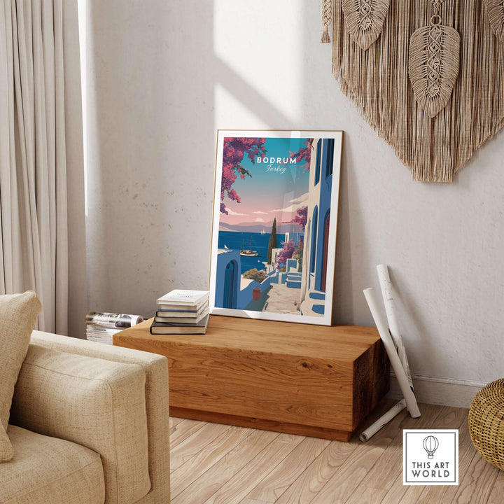 Bodrum Turkey travel poster showcasing the Aegean Sea in a stylish living room setting with wooden decor.