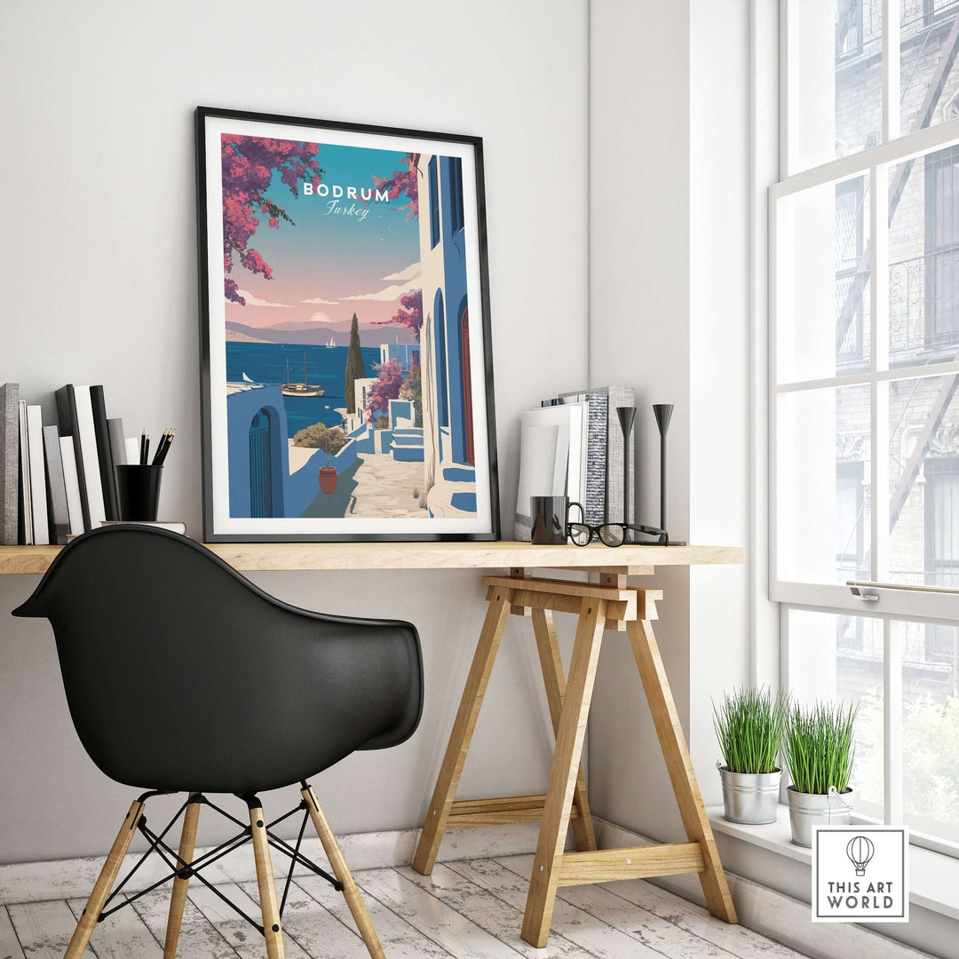 Bodrum Turkey travel poster featuring Aegean Sea wall art in a modern workspace decor.