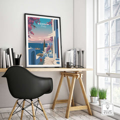 Bodrum Turkey Travel Poster - Aegean Sea Wall Art showcased in a stylish home office setting.