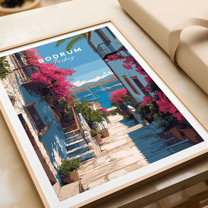 Bodrum Turkey wall art poster featuring vibrant flowers and coastal scenery of the Turkish Riviera.